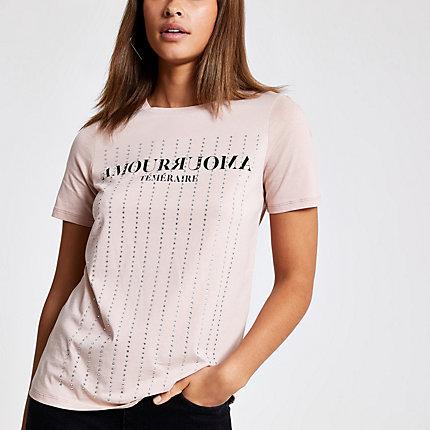 River Island Womens Diamante Embellished Printed T-shirt