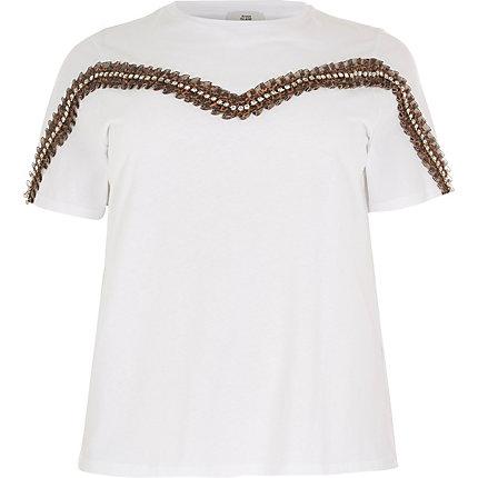 River Island Womens Plus White Leopard Print Trim T-shirt