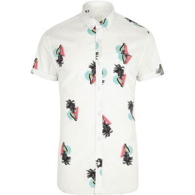 River Island Mens White Retro Palm Tree Print Muscle Fit Shirt