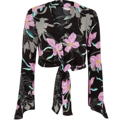 River Island Womens Floral Wrap Bell Sleeve Crop Top