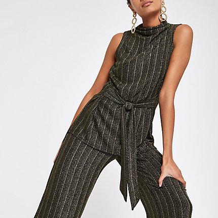 River Island Womens Gold Glitter Tie Waist High Neck Top