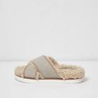 River Island Womens Faux Shearling Footbed Sliders