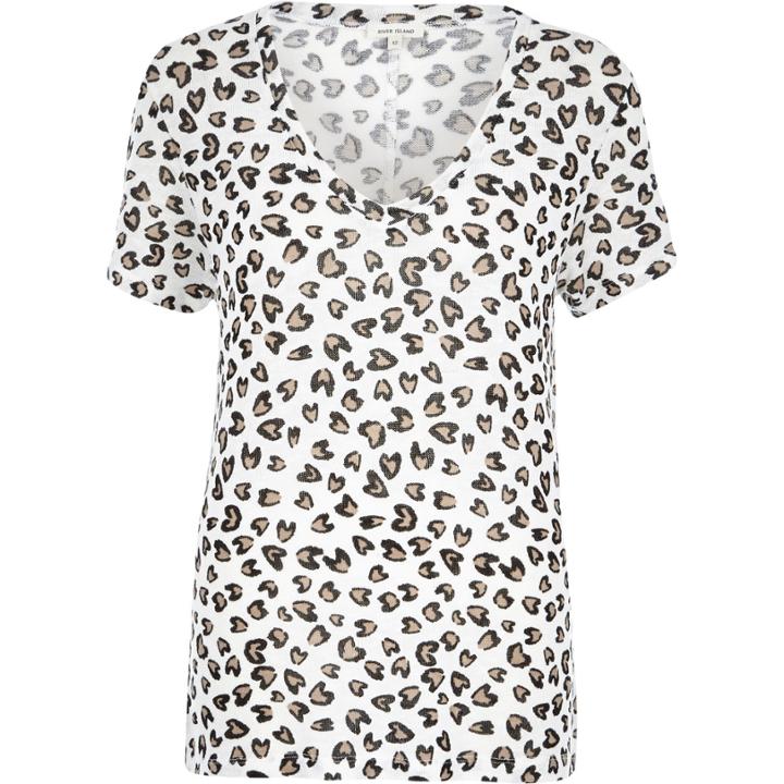 River Island Womens White Animal Print V-neck T-shirt