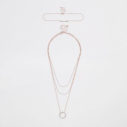 River Island Womens Rose Gold Tone Layered Rhinestone Necklace Set