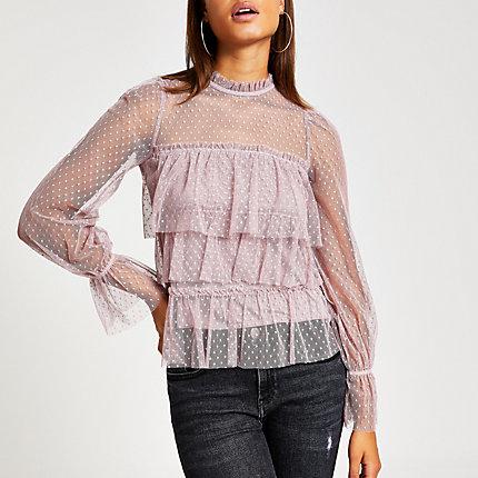 River Island Womens Polka Dot Sheer Long Sleeve Frill Top