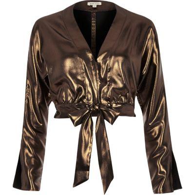 River Island Womens Metallic Gold Starlight Tie Front Crop Top