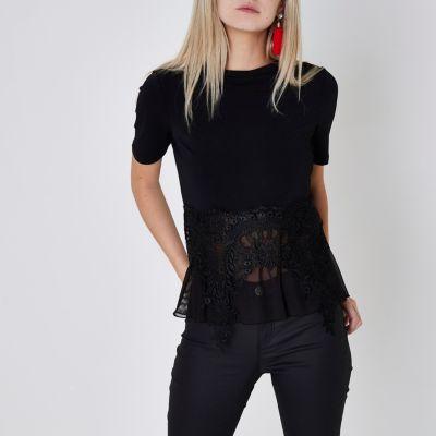 River Island Womens Petite Lace And Mesh Hem T-shirt