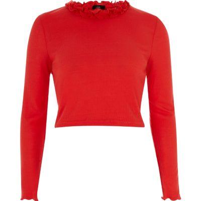 River Island Womens Petite Frill Neck Long Sleeve Crop Top