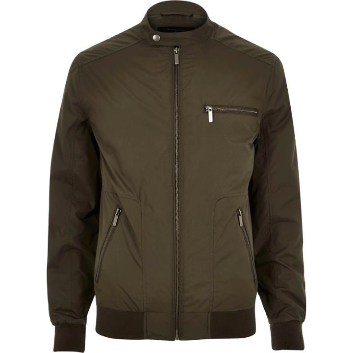 River Island Menskhaki Popper Collar Zip Bomber Jacket