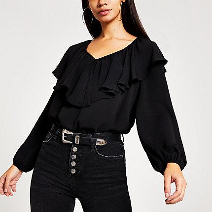 River Island Womens Long Sleeve Frill V Neck Top
