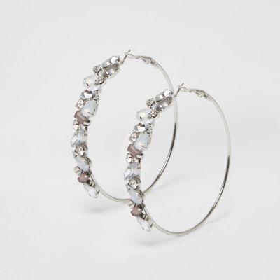 River Island Womens White Rhinestone Gem Hoop Earrings