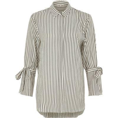 River Island Womens White Mono Stripe Tie Sleeve Shirt