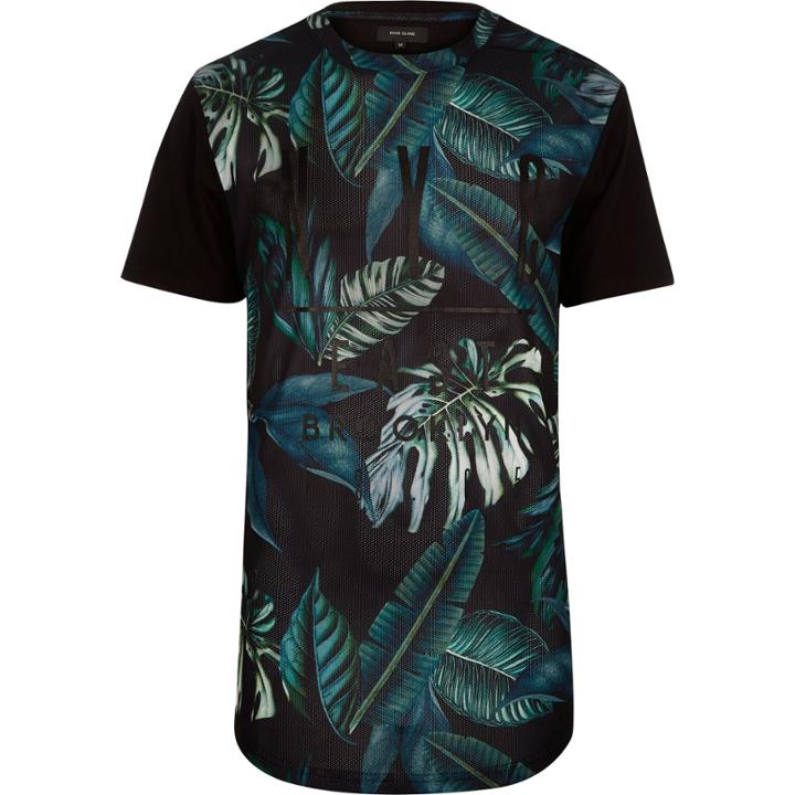 River Island Mensblack Mesh Leaf Print T-shirt