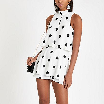 River Island Womens White Spot High Neck Playsuit
