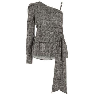 River Island Womens Check One Shoulder Puff Sleeve Top