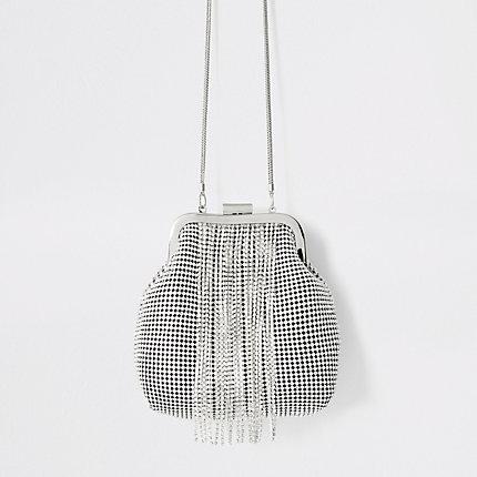 River Island Womens Silver Diamante Tassel Cliptop Bag