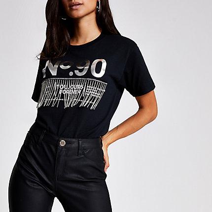 River Island Womens Petite 'no.90' Diamante Fringe T-shirt