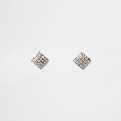 River Island Womens Silver Tone Rhinestone Square Stud Earrings