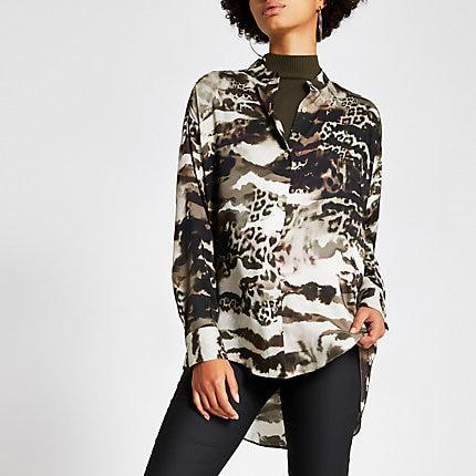 River Island Womens Print Grandad Collar Long Sleeve Shirt