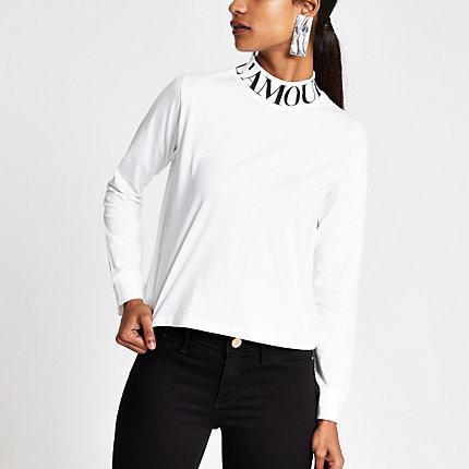 River Island Womens White Print High Neck Long Sleeve Top