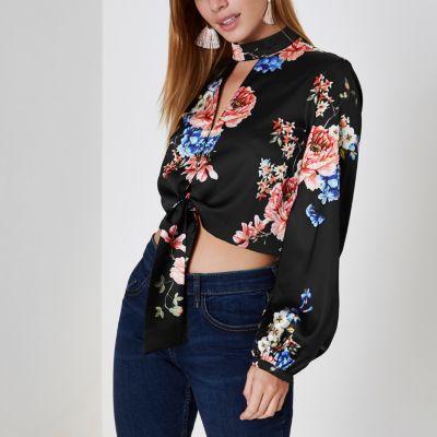 River Island Womens Petite Floral Choker Tie Front Crop Top