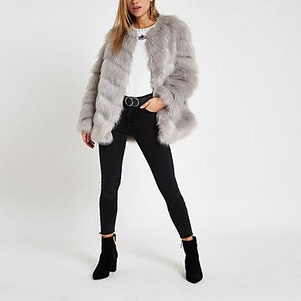 River Island Womens Faux Fur Chevron Panelled Coat