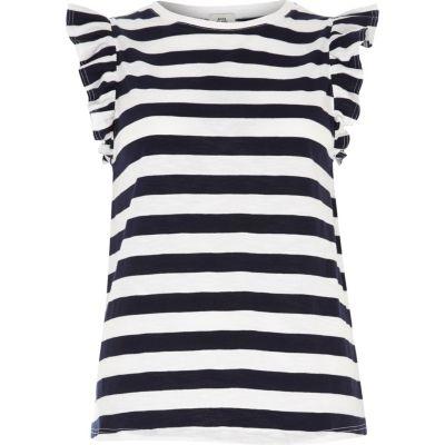 River Island Womens Stripe Frill Sleeve T-shirt