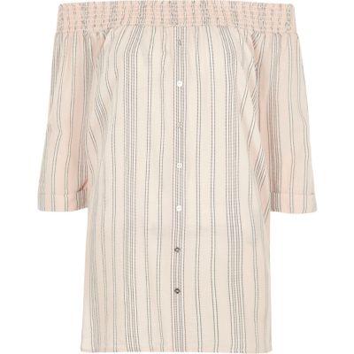River Island Womens Stripe Chambray Bardot Button Front Top
