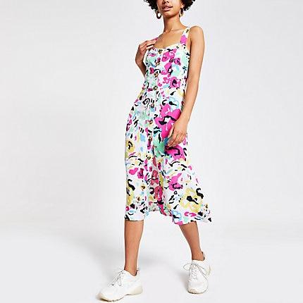 River Island Womens White Floral Print Button Front Dress