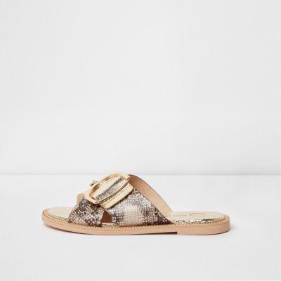 River Island Womens Gold Snake Cross Strap Mule Sandals