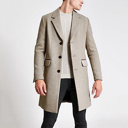 River Island Mens Oatmeal Single Breasted Wool Overcoat