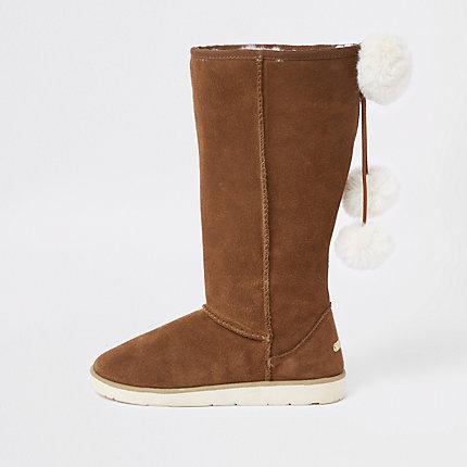 River Island Womens Suede Faux Fur Pom Pom Boots