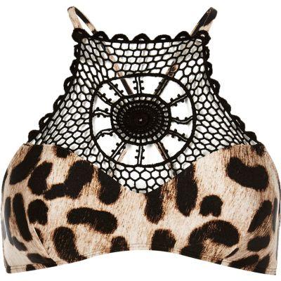 River Island Womens Leopard Print Crochet Bikini Top