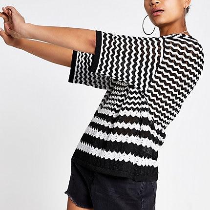 River Island Womens Mono Zig Zag Print Knit T-shirt