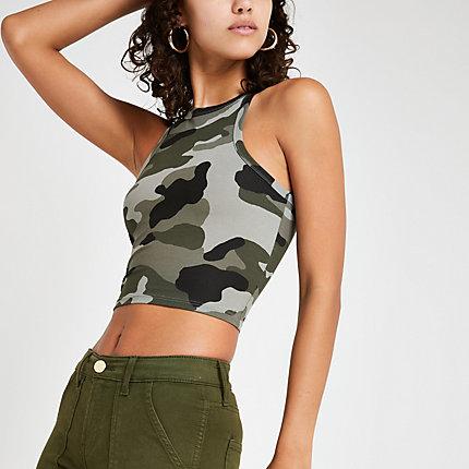 River Island Womens Camo Fitted Crop Tank