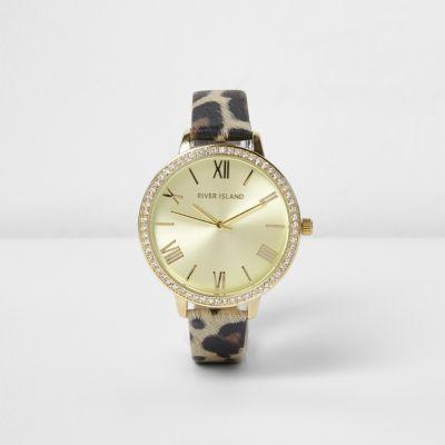 River Island Womens Leopard Print Diamante Encrusted Watch