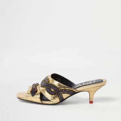 River Island Womens Gold Snake Embellished Kitten Heel Mules