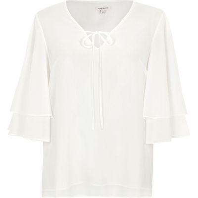 River Island Womens White Dobby Tiered Frill Sleeve Top