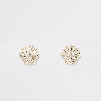 River Island Womens Gold Colour Pave Diamante Shell Earrings