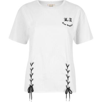 River Island Womens White 'los Angeles' Print Lace Up T-shirt