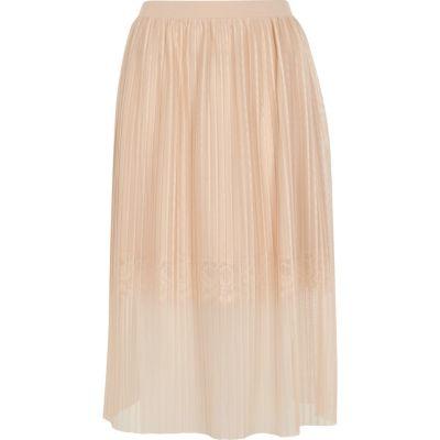 River Island Womens Nude Pleated Lace Trim Midi Skirt