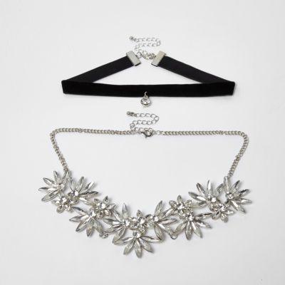River Island Womens Silver Tone Floral Rhinestone Velvet Choker Set