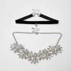 River Island Womens Silver Tone Floral Rhinestone Velvet Choker Set