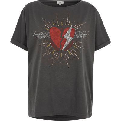 River Island Womens Lightning Heart Studded Slouch T-shirt