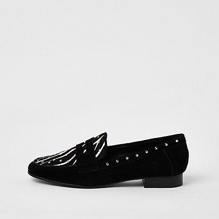 River Island Womens Suede Zebra Print Studded Loafer