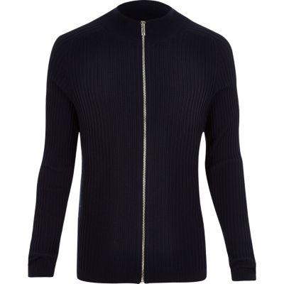 River Island Mensnavy Ribbed Zip-up Slim Fit Sweater