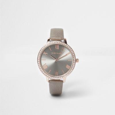 River Island Womens And Rose Gold Tone Diamante Face Watch