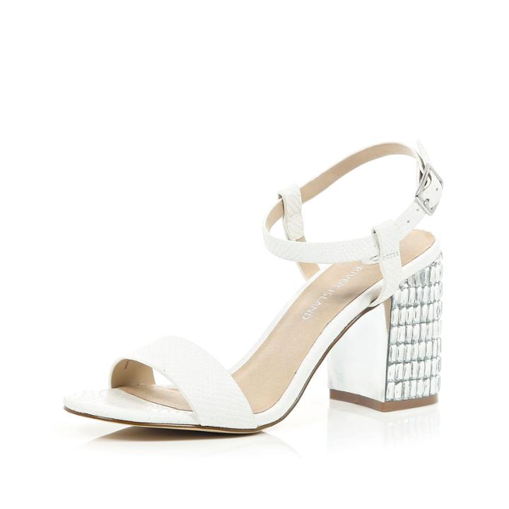 River Island Womens White Gem Encrusted Mid Heel Sandals