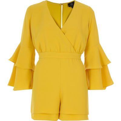 River Island Womens Petite Yellow Frill Sleeve Playsuit