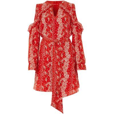 River Island Womens Floral Cold Shoulder Tie Waist Dress